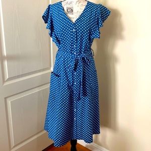 NWOT Summery BLUE polka dotted/ruffle sleeve M